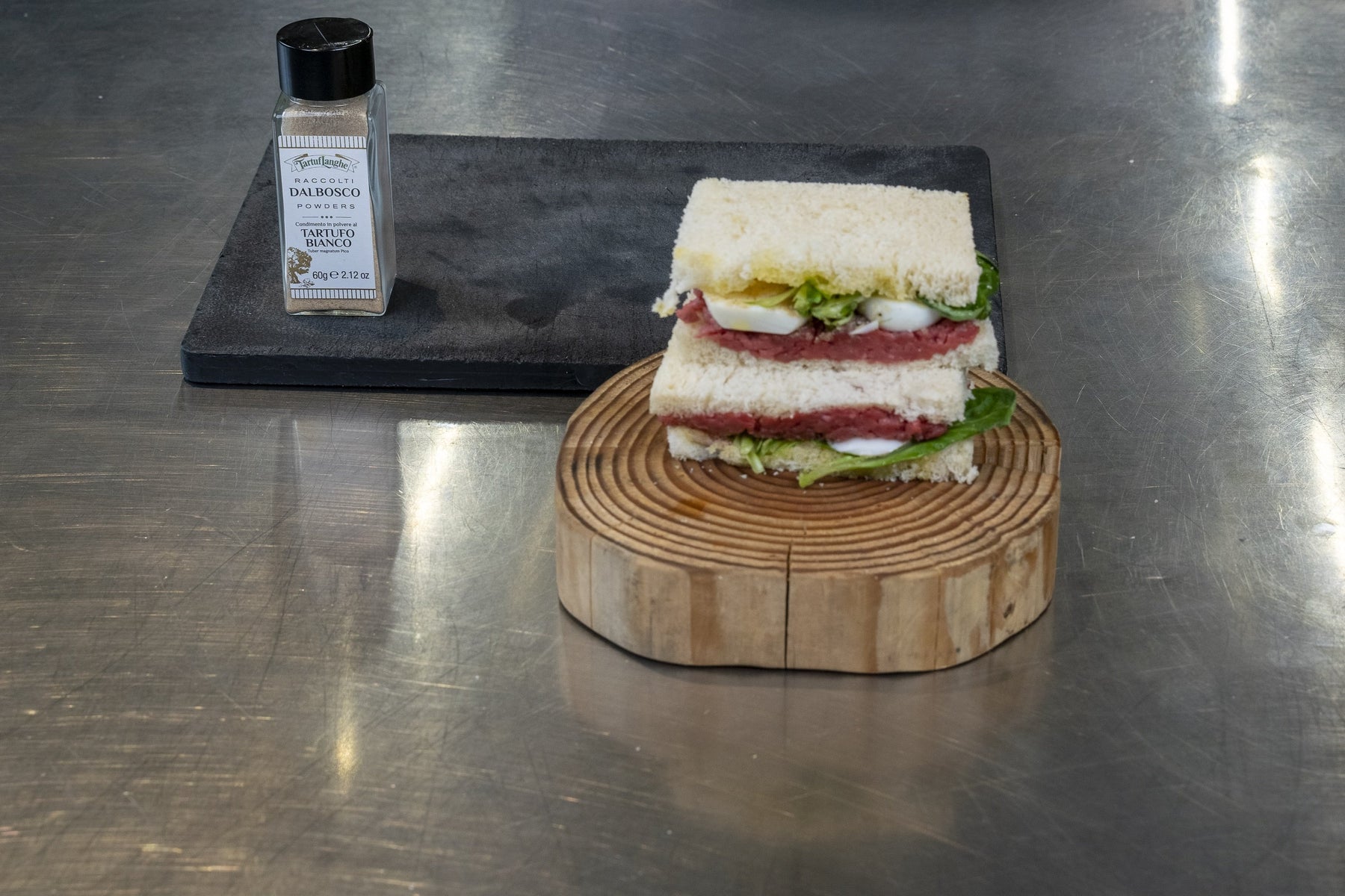 Tramezzino with Tartare, Dalbosco (white truffle powder) and Egg - Chef Marcello Trentini