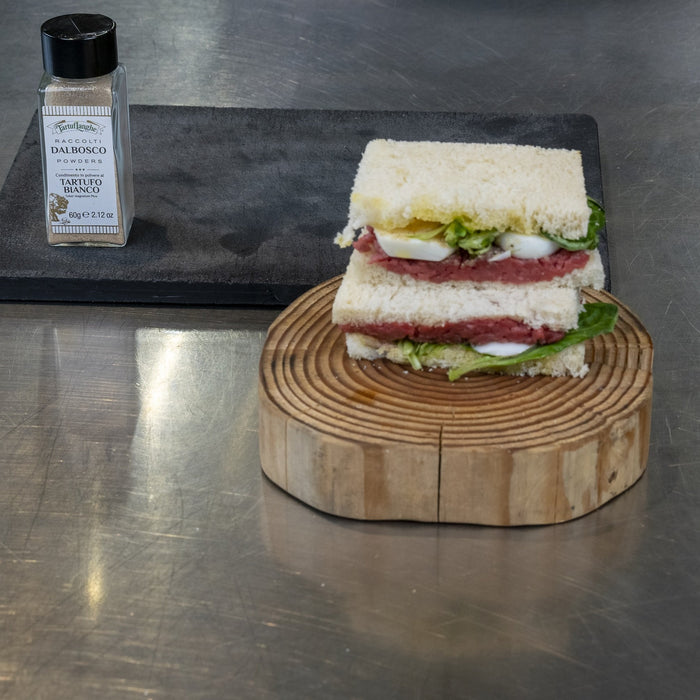 Tramezzino with Tartare, Dalbosco (white truffle powder) and Egg - Chef Marcello Trentini