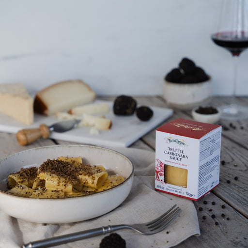 Delicious Truffle Carbonara sauce in a jar, ready to elevate your pasta.