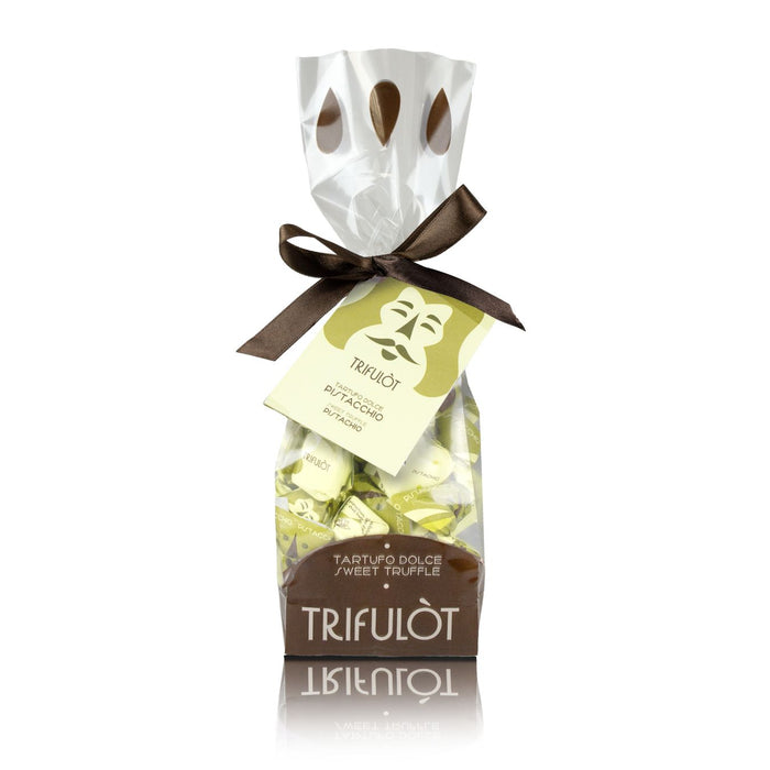 Experience indulgence when you enjoy Tartuflanghe Pistachio Truffles. Surprise friends and family with a candy gift, or share a Tartuflanghe Chocolate Truffle as a sweet, indulgent after-dinner treat. A rich milk chocolate candy shell surrounds a smooth melting pistachio filling for an irresistible flavor. When you break the shell, the truffle's smooth, luscious center begins to melt and so will you.