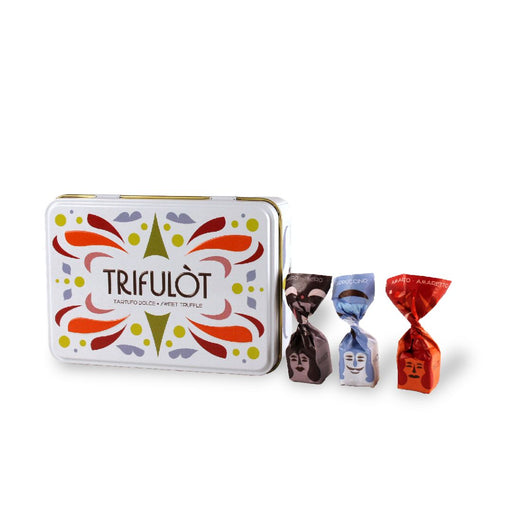 Festive Trifulot Sweet Truffles Tin: A beautifully designed tin featuring 15 pieces of assorted truffle flavors, perfect for sharing with co-workers and celebrating special occasions."