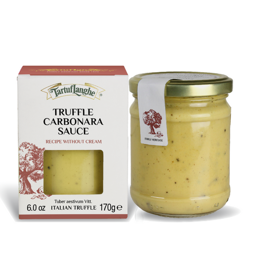A jar of creamy Truffle Carbonara sauce, perfect for pasta dishes.