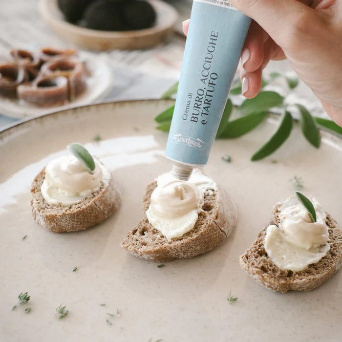 Anchovy and Truffle Butter Spread in Tube (1.06 oz): A rich and savory blend of anchovies and truffle in a convenient squeezable tube, perfect for enhancing dishes with umami depth and gourmet flavor.